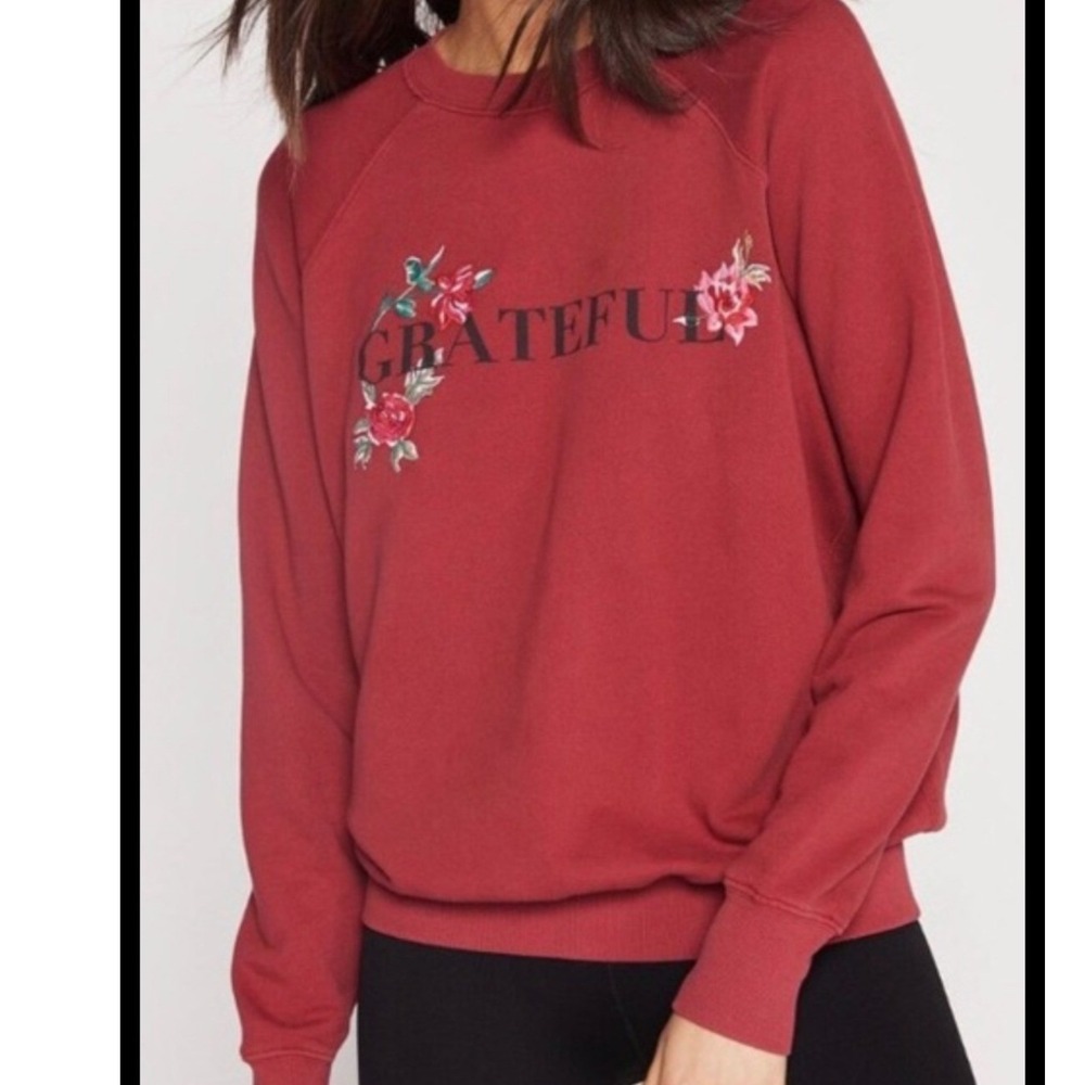 Spiritual Gangster Grateful Embroidered Floral Sweatshirt Red Small